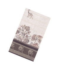 Cream Printed Synthetic Dupion Saree With Zari Stripes & Brown Border-SY0236