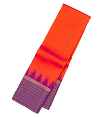 Red Handloom Korvai Kanchipuram Silk Saree With Stripes & Purple Border-KA13122