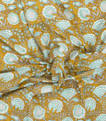 Mustard Printed Jaipur Cotton Saree With Printed Floral Vine Motifs-JC1940