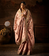 Dusty Pink Woven Blended Tissue Saree With Heavy Embroidered Motifs & Zircon Work-BL4616