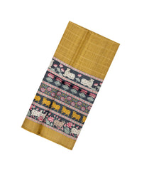 Mustard Handloom Tussar Silk Saree With Stripes & Printed Motifs-TU3443