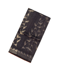 Black Handloom Tussar Silk Saree With Printed Floral Motifs & Madhubani Pallu-TU2806