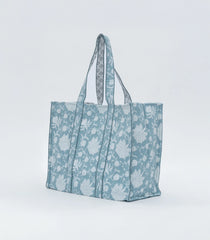 Light Blue Bagru Printed Handmade Cotton Quilted Tote Bag-ACS1035