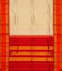 Cream Handloom Korvai Kanchipuram Silk Saree With Checks & Temple Border-KA12597