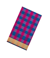 Pink & Blue Handloom Silk Cotton Saree With Checks & Zari Border-SC4623