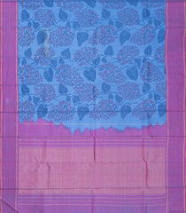 Blue Handloom Kanchipuram Silk Saree With Floral Motifs & Purple Border