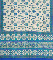 Taupe Printed Tussar Silk Saree With Cyan Floral Motifs & Contrast Border-TU3789