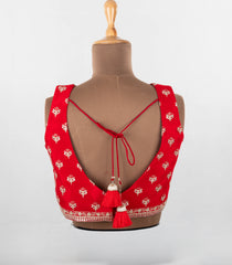 Red Embroidered Blended Raw Silk Readymade Sleeveless Blouse RB5202