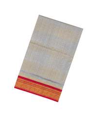 Grey Handloom Korvai Silk Cotton Saree With Checks & Contrast Border-SC3871