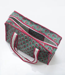 Green Bagru Printed Handmade Cotton Quilted Tote Bag With Zipper-ACS1046