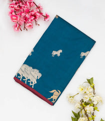 Cyan Handloom Banarasi Silk Saree With Horse Buttas