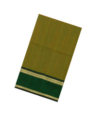 Olive Green Handloom Silk Cotton Saree With Stripes & Contrast Border-SC4069
