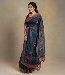 Midnight Blue Woven Art Chanderi Saree With Printed Floral Motifs