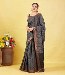 Black Handloom Tussar Silk Saree With Printed Stripes Motifs