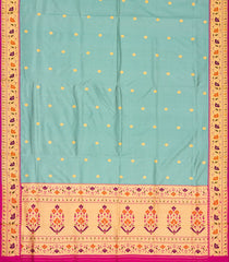 Aquamarine Handloom Banarasi Silk Saree With Coin Buttas & Contrast Border