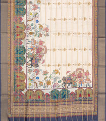 Cream Printed Synthetic Dupion Saree With Zari Stripes & Grey Border-SY0239