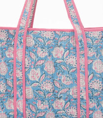 Light Blue Bagru Printed Handmade Cotton Quilted Tote Bag With Zipper-ACS1040