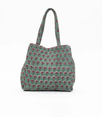 Green Handmade Tote Bag With Printed Motifs With Button (14"H X 17"W X 8"D)-ACS1055