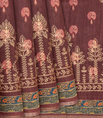 Rosy  Brown Handloom Tussar Silk Saree With Printed & Embroidery Motifs-Rosybrown