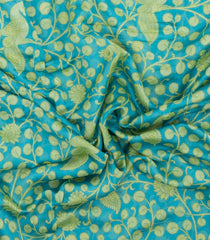Turquoise Printed Chanderi Cotton Saree With Floral Motifs-CC1720