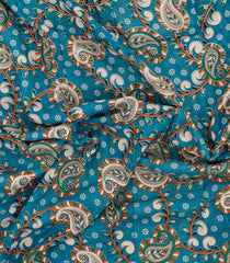 Cyan Printed Kalamkari Cotton Saree With Zari Border-KAL1227