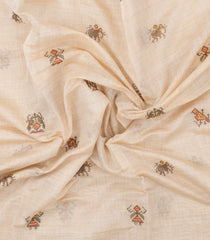 Cream Embroidered Synthetic Linen Saree With Elephant Motifs-SY0561