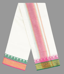 Cream 9 x 5 Cotton Dhoti With Green And Pink Floral Border-CD1510