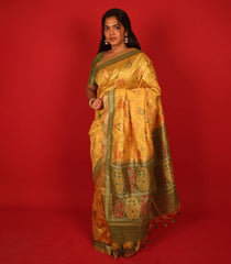 Gold Woven Art Tussar Silk Saree With Printed Animal Motifs-BL3921