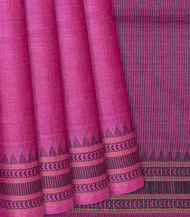 Pink Handwoven Tussar Silk Saree With Temple Border-Pink