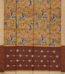 Mustard Handloom Tussar Silk Saree With Printed Peacock Motifs-Mustard