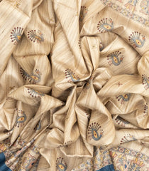 Taupe Handloom Tussar Silk Saree With Printed Madhubani Motifs-TU2623