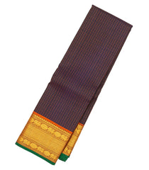 Black Handloom Kanchipuram Silk Saree With Checks & Contrast Border-KA13138
