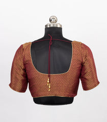 Maroon Blended Silk Brocade Readymade Saree Blouse with Deep U-Back & Dori Tassels-RB5277