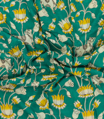 Aquamarine Printed Kalamkari Cotton Saree With Zari Border-KAL1217