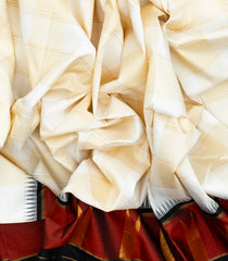 Off White Handloom Korvai Kanchipuram Silk Saree With Checks & Contrast Border-KA13369