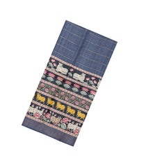 Dark Grey Handloom Tussar Silk Saree With Stripes & Printed Motifs-TU3442
