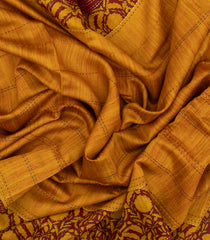 Mustard Woven Tussar Silk Saree With Stripes & Printed Floral Motifs-TU3125