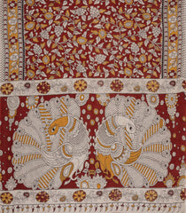 Crimson Woven Kalamkari Cotton Saree With Printed Motifs-KAL1158