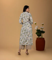 Off-White & Green Floral Printed Kurta-KR0874