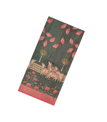 Dark Green Woven Tussar Silk Saree With Printed Pichwai Motifs-TU3182