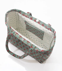 Green Handmade Tote Bag With Printed Motifs With Button (14"H X 17"W X 8"D)-ACS1055