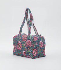 Cyan Handmade Duffle Bag With Printed Motifs With Zipper (9"H X 14"W X 7"D)-ACS1049