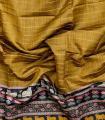 Mustard Handloom Tussar Silk Saree With Stripes & Printed Motifs-TU3443