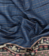 Dark Grey Printed Tussar Silk Saree With Kalamkari Motifs-TU3594