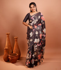 Black Printed Synthetic Tussar Silk Saree With Floral Motifs & Zari Border-SY0495