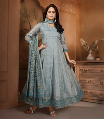 Ice Blue Printed Anarkali Set: RC5527