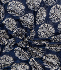 Indigo Printed Chanderi Cotton Saree With Bird Motifs & Sequin Work-CC1434