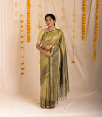 Dark Beige Handloom Silk Cotton Saree With Checks & Contrast Border-SC3885