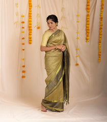 Dark Beige Handloom Silk Cotton Saree With Checks & Contrast Border-SC3885