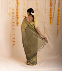 Dark Beige Handloom Silk Cotton Saree With Checks & Contrast Border-SC3885